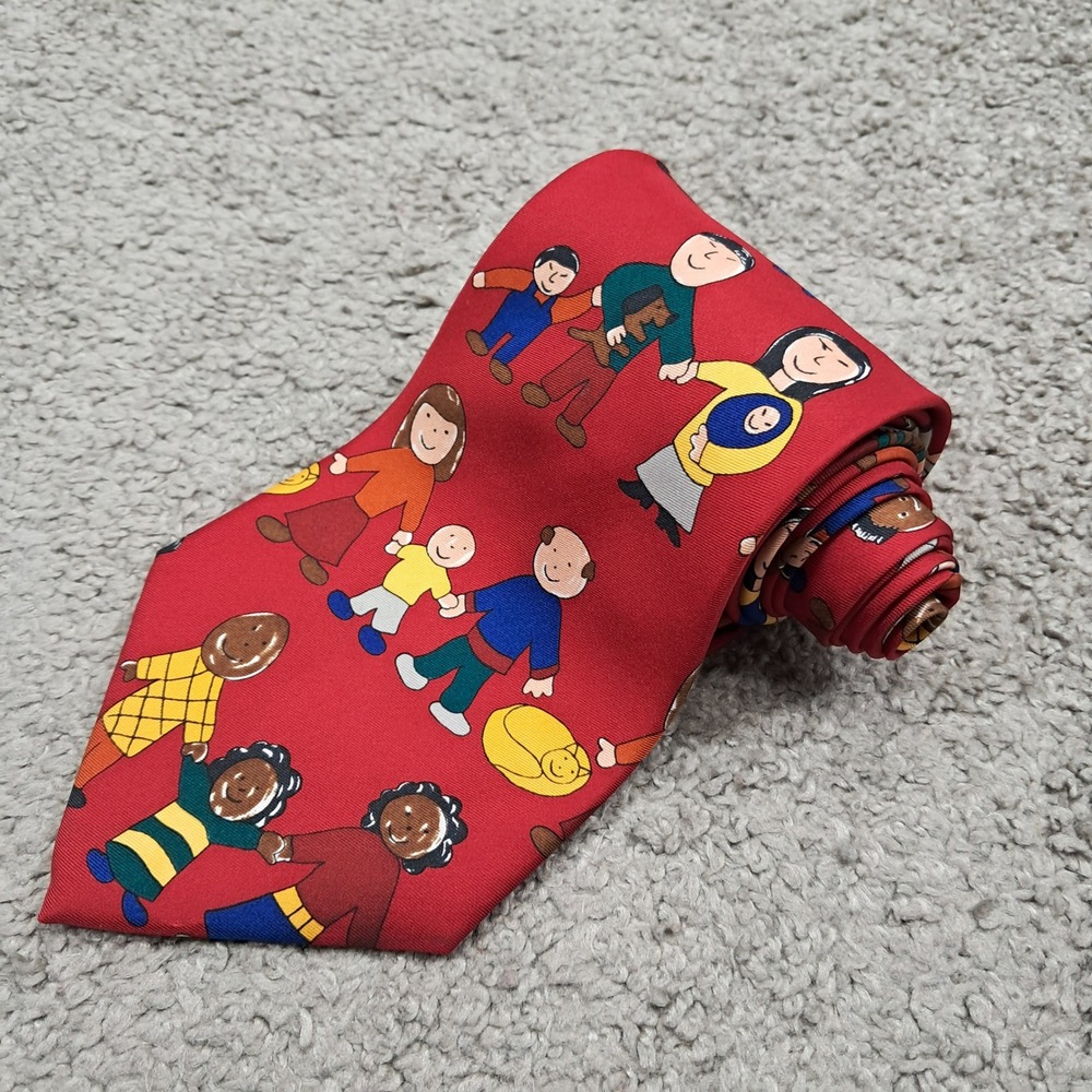 Save the Children Red Silk Tie Families Art by Jennifer Age 10‎ Made in USA